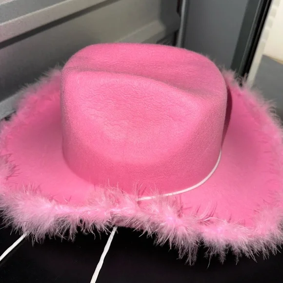 Pink Cowboy Hat with Feather Trim - Picture 3 of 4
